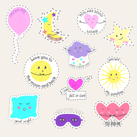 Funny cartoon character with lettering and stitch isolated on white background. Set of cute patches. Isolated illustrations - great for stickers and badges, t-shirts, greeting cards or social media.のイラスト素材