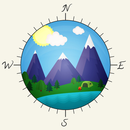 Bright vector illustration with mountains, trees, lake, tent and fire. Logotype or icon compass for travel agency, adventure brochure, banner and label template.のイラスト素材