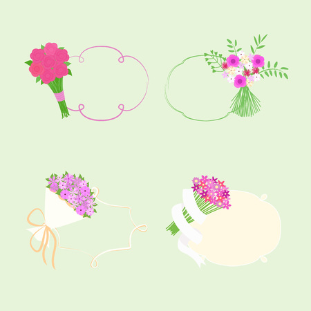 Set of isolated symbols, logotypes or badges, icons and signs. Colored design elements for flower shop, store, boutique or florist.のイラスト素材