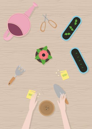 Vector illustration in flat cartoon style of hands and garden tools top view.のイラスト素材