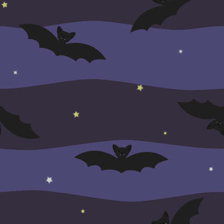 Vector seamless pattern with bats and stars on dark background. For halloween decoration and invitations, fabric, kitchen textile and print, web page background, gift and wrapping paper.のイラスト素材