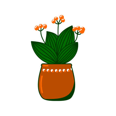 Berry plant in pot. Hand drawn indoor and outdoor landscape garden potted plant. Urban jungle, trendy home decor with plant, tropical leaves in stylish planterのイラスト素材