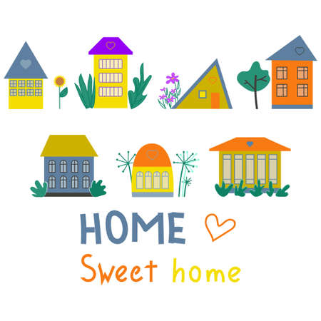 House collection. Country and city abstract buildings. Set of cottages with plants, village landscape, houses on white background. Flat vector illustration isolated on white, cartoon styleのイラスト素材