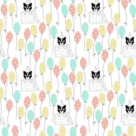 Cat or dog pattern with balloons. Birthday party with kitten or puppy looks out from gift box and ballons. Repeat texture with dog on white background for party design, present, gift, happy eventのイラスト素材