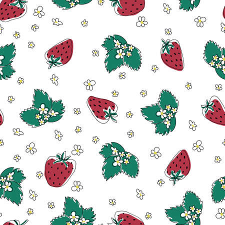 Strawberry pattern on white background. Doodle, hand drawn, outline fruits. Seamless background with strawberry and flowers. Repeat endless texture trendy delicate tender styleのイラスト素材