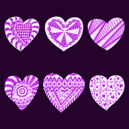 Hand drawn hearts with intricate purple doodle patterns on a dark background. For Valentine's Day, greeting cards, invitations, fabric designs, or creative digital projects Doodle heartsのイラスト素材