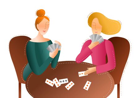 two girls play cards. Vector illustrationのイラスト素材