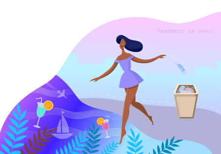 Girl walking and throws out medical mask. Pandemic is over. Vector illustrationのイラスト素材