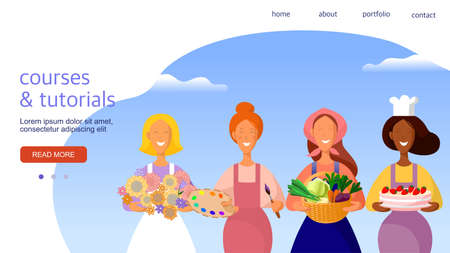Young women. Different professions. Template for landing page. Template for landing page. Vector illustrationのイラスト素材