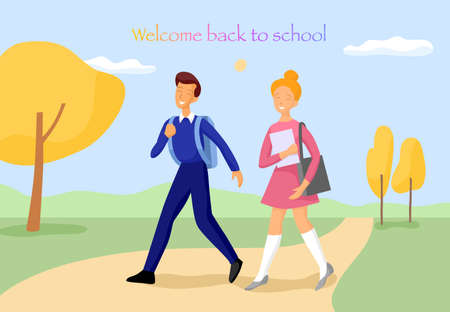 Welcome back to school. Happy children go to school. Autumn landscape. Vector illustrationのイラスト素材