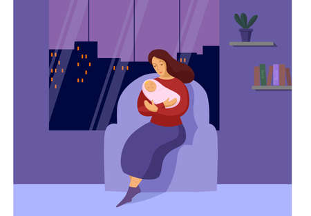 Young woman with a newborn late at night. Vector illustrationのイラスト素材