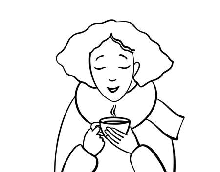 The young woman with a hot drink. Enjoy winter. Vector illustrationのイラスト素材