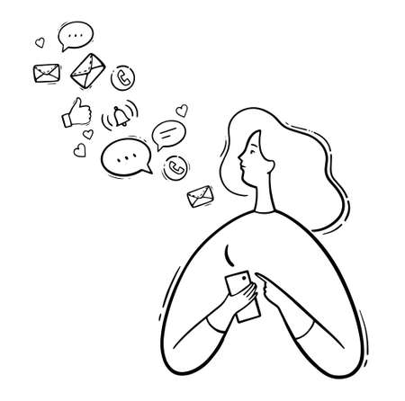 Modern life with a smartphone, hand drawn. Young woman with phone look at notifications. Phone symbols, calls, messages, likes. Hand drawn girl holding a phone. Vector illustrationのイラスト素材