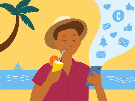 A person with a smartphone on the beach vacation, modern life with smartphones. Phone addiction....