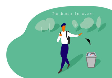 The man walking and throws out a medical mask. Quarantine is over. Vector illustrationのイラスト素材