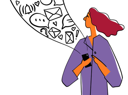 A person with a phone. The woman looks at the flow of notifications. Modern life with a smartphone, doodle style. Phone symbols, calls, messages, likes. Woman holding a phone. Vector illustrationのイラスト素材