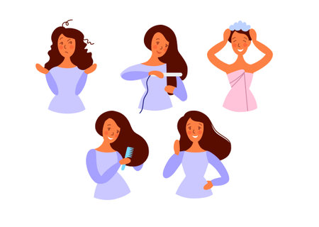 Haircare. Cute girl washing, combing, straightens her hair. Woman making haircare procedures. Flat style. Vector illustrationのイラスト素材