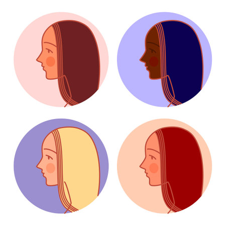 Female profile avatars with elegant haircut vector icons. Lovely heads of women with chiseled features and red hair like a waterfall. Stylish blue cascade haircut for attractive social media portraits.のイラスト素材