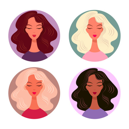 Female avatars with stylish hairstyle vector icons. Smiling faces brunettes and blondes with luxurious curly hair. Trendy haircut with modern long styling for attractive social media profileのイラスト素材