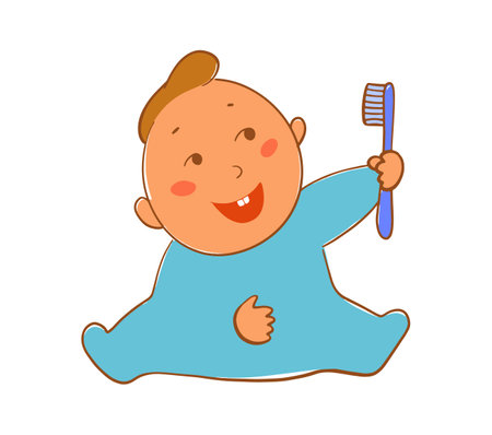 A happy child has a first tooth and a first toothbrush. Flat style. Seated child. Enjoying dental care. Vector illustration.のイラスト素材