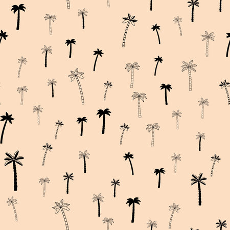 Tropical pattern with palm trees, hand drawn and silhouette of palm, isolated icon. Black linear...
