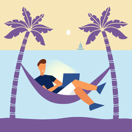 Enjoy work from home and outdoor, dream work, tropical vacation with a laptop. Always in touch. Man in a hammock on the beach. Flat style. Vector illustration. Vector illustration.のイラスト素材