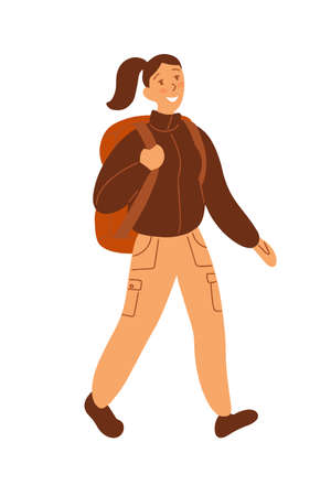 Flat style. Walking woman, a tourist with a big backpack. Pastel colors. A person goes hiking. Vector illustrationのイラスト素材