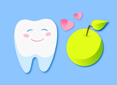 Cute cartoon style. Tooth loves apple. Healthy habit. Smiling cartoon character. Infographics for kids. Bright colors. Vector illustrationのイラスト素材