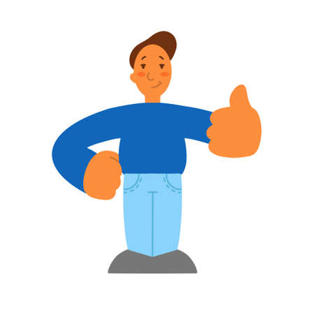 Flat style. Man with thumbs up, good mood gesture. Isolated icon. a disproportionate character with big hands. . Vector illustrationのイラスト素材