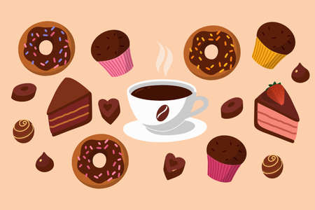 Concept illustration. Cartoon style. Delicious breakfast or coffee break, coffee, and sweets. Chocolate bakery and candies. Banner for restaurants, cover for a menu of confectionery, pastry shop, or coffee house. Vector illustrationのイラスト素材
