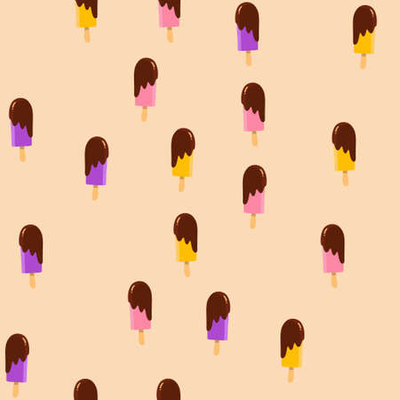 seamless pattern with cartoon ice cream. Delicious sweets. colorful ice lolly with chocolate top glaze. beige background. Vector illustrationのイラスト素材