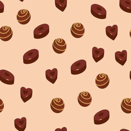 seamless pattern with cartoon chocolate candy. Delicious sweets. beige background. Vector illustrationのイラスト素材