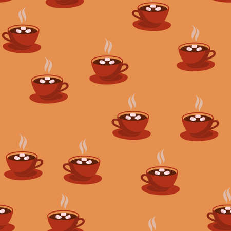 seamless pattern with cartoon cup of cocoa. Delicious hot drink with marshmallows. beige background. chocolate drink, red cup. Vector illustrationのイラスト素材