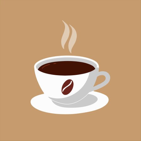 Isolated icon, an elegant cup of hot coffee. White cup with coffee bean print. Cartoon style. Vector illustrationのイラスト素材