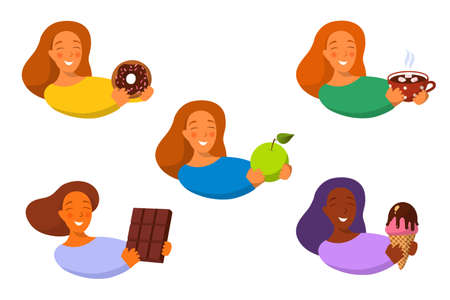 Cartoon style. Portrait of woman holding various food.のイラスト素材