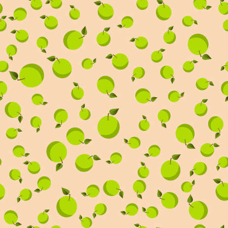 Seamless pattern, green apples with leaves. Beige background. Cartoon style . Vector illustrationのイラスト素材