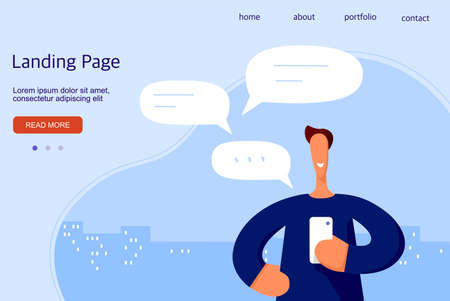 Cartoon style. Chatting man. Person holding a phone. Message bubbles. Template for Landing page. . Vector illustrationのイラスト素材