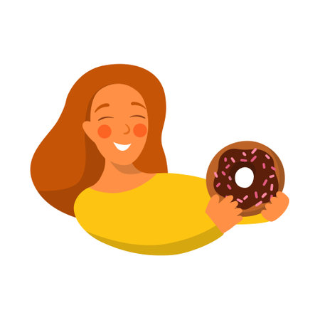 Cartoon style. Portrait of woman holding a donut with chocolate glaze.のイラスト素材