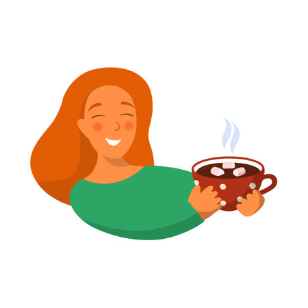 Cartoon style. Portrait of woman holding a cup of hot chocolate.のイラスト素材
