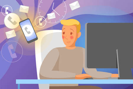 Cartoon man. A person with a phone. Modern life with a smartphone. Distract from work. Annoying notifications. The man sitting in front of a computer Vector illustrationのイラスト素材