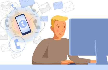 Cartoon man. Person with a phone. Modern life with a smartphone. Distract from work. Annoying notifications. Man work at the computer Vector illustrationのイラスト素材