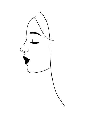 Line drawing, elegant portrait of young woman with closed eyes beauty products, beauty salon. Attractive avatar. Profile portrait. Vector illustrationのイラスト素材