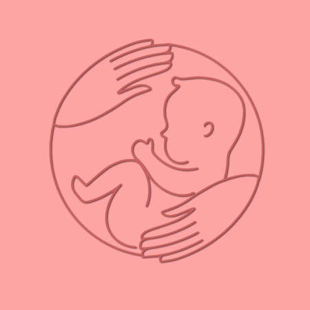 Paper cut style. Logotype with human embryo and caring hands. Baby in the womb. Stylish logo for a prenatal or reproductive clinic, pregnancy brochure, surrogacy agency. Round frame, elegant line icon. Vector illustrationのイラスト素材
