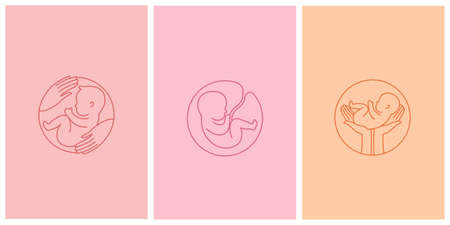 Line logotype. Set of logo with newborn and caring hands. Baby in the womb. Stylish logo for a prenatal or reproductive clinic, pregnancy brochure, surrogacy agency. Round frame, elegant icon. Vector illustrationのイラスト素材