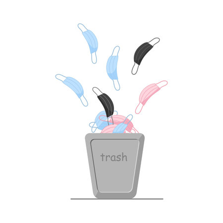 Cartoon style, trash can with medical masks, throw away waste. Quarantine is over. Vector illustrationのイラスト素材