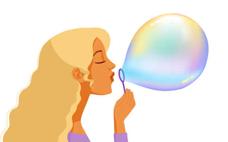 Girl blowing soap bubbles, colorful cartoon illustration. Profile portrait of a young attractive woman with big bubble. Vector illustrationのイラスト素材