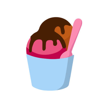 Cartoon dessert. Bowl of ice cream balls with chocolate topping. Isolated icon for the summer menu. Minimal vector illustrationのイラスト素材