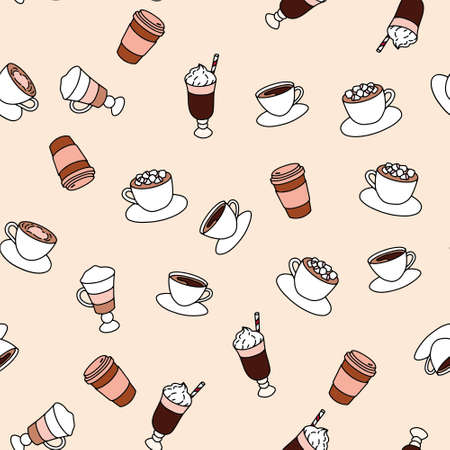 Seamless pattern with different coffee, print for bakery shop products. Doodle style. Vector illustrationのイラスト素材