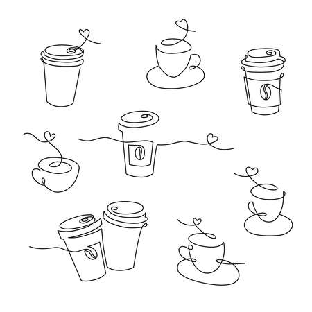 Line art set, cup of hot drink, linear cup of coffee with steam. Hand drawn logo. Vector illustrationのイラスト素材