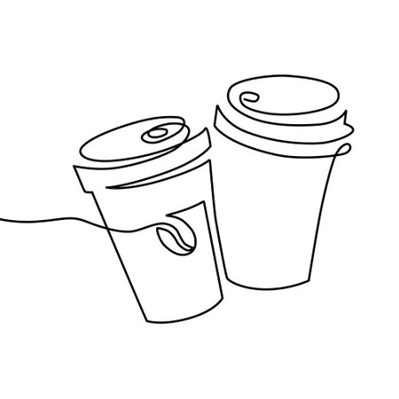 Line art cup of hot drink, two linear cups of coffee to take away. Vector illustrationのイラスト素材